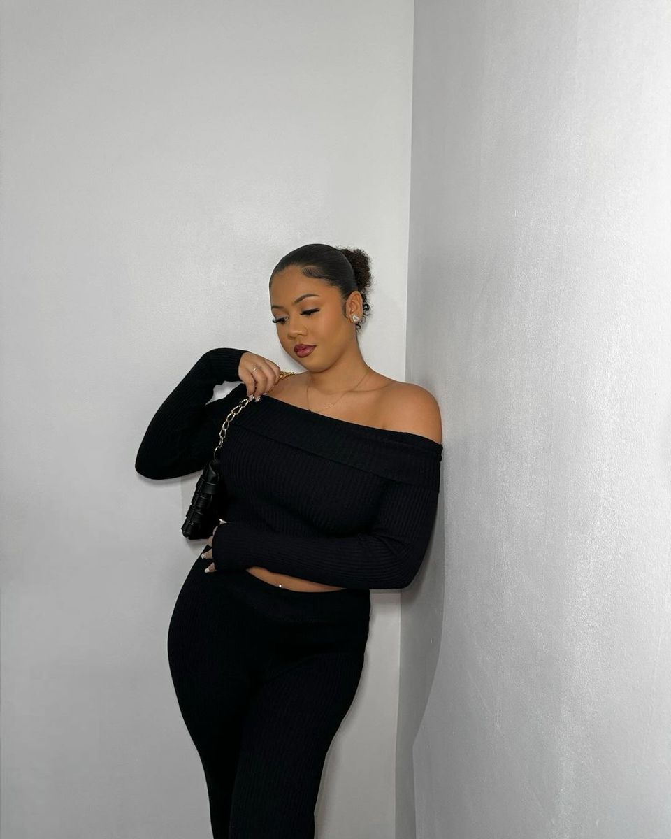 CAMILLA Knitted Long Sleeves Cropped Off Shoulder Top and Trousers Co-ord Set