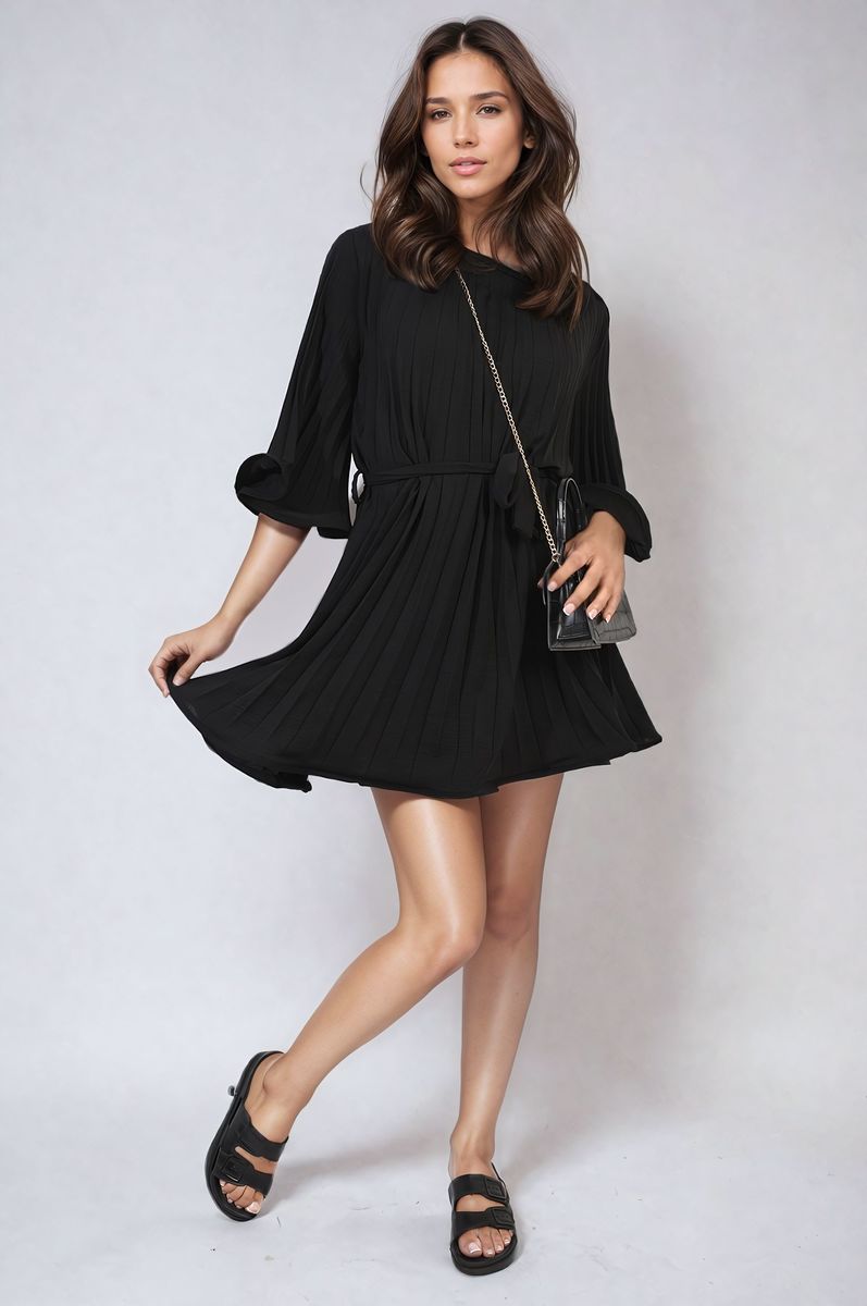 CARMEN Pleated Tie Waist Mini Dress