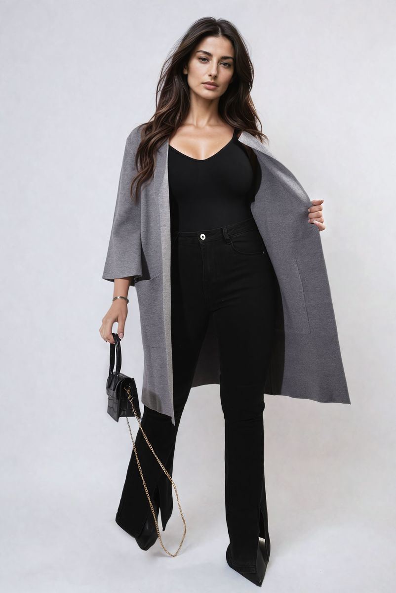 CHERYL Open Front Longline Knitted Cardigan with Front Pockets