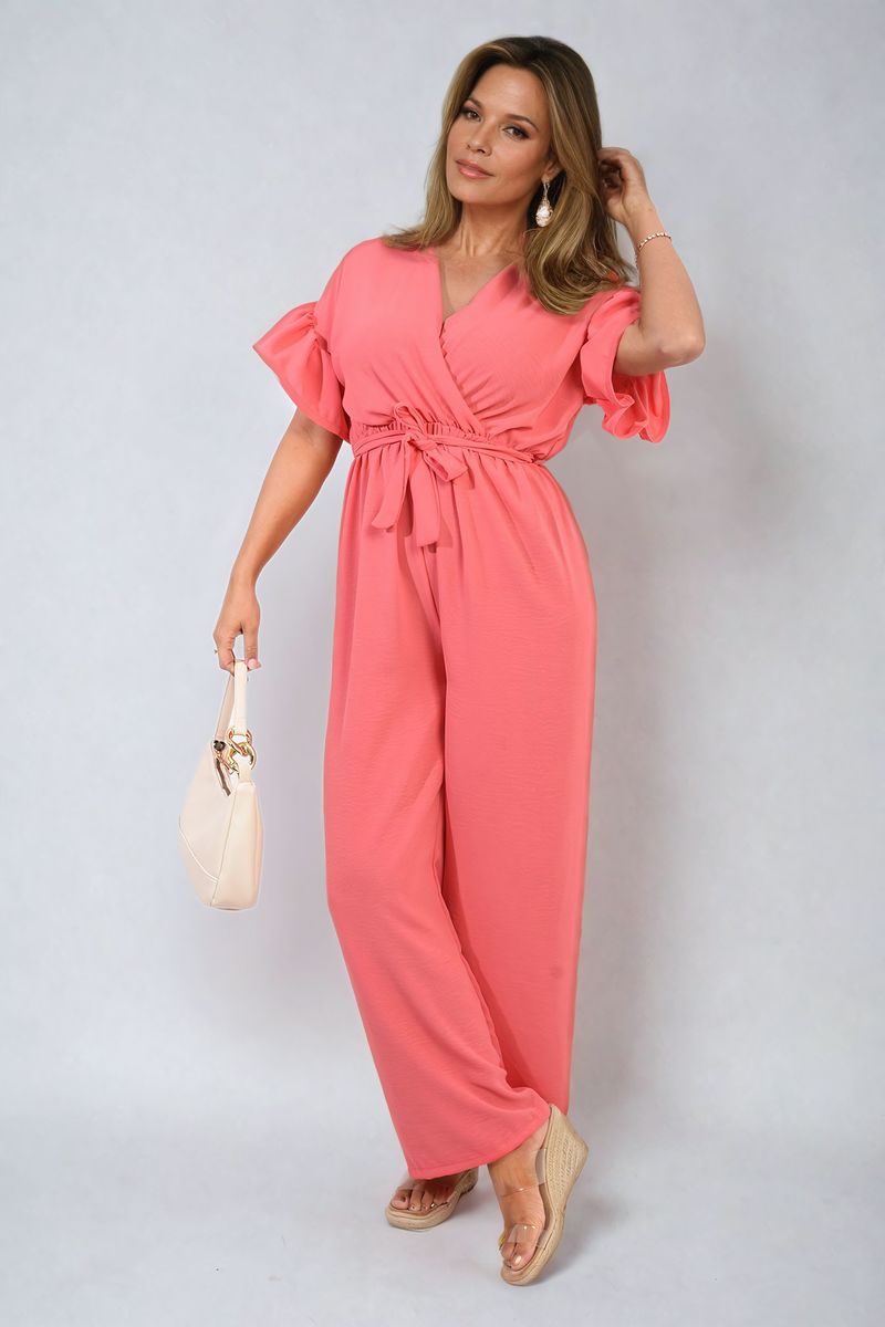 CHRISTINA Wrap Over Tie Belt Frill Sleeve Jumpsuit