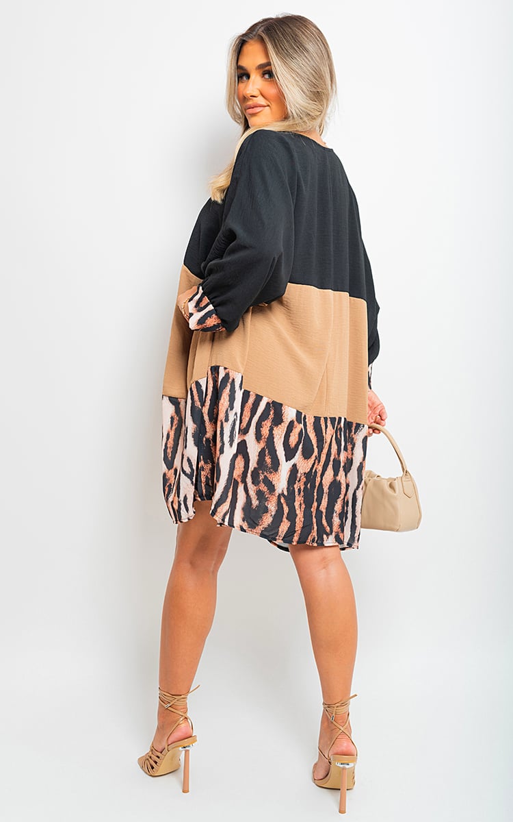 CLARE Long Sleeve Leopard Trim Print Oversized Mini Dress