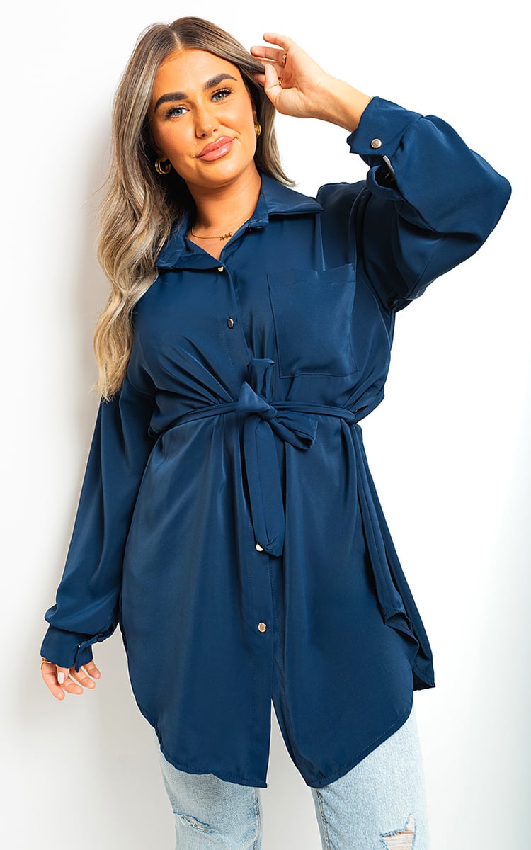 AVA Oversized Button Front Belted Top