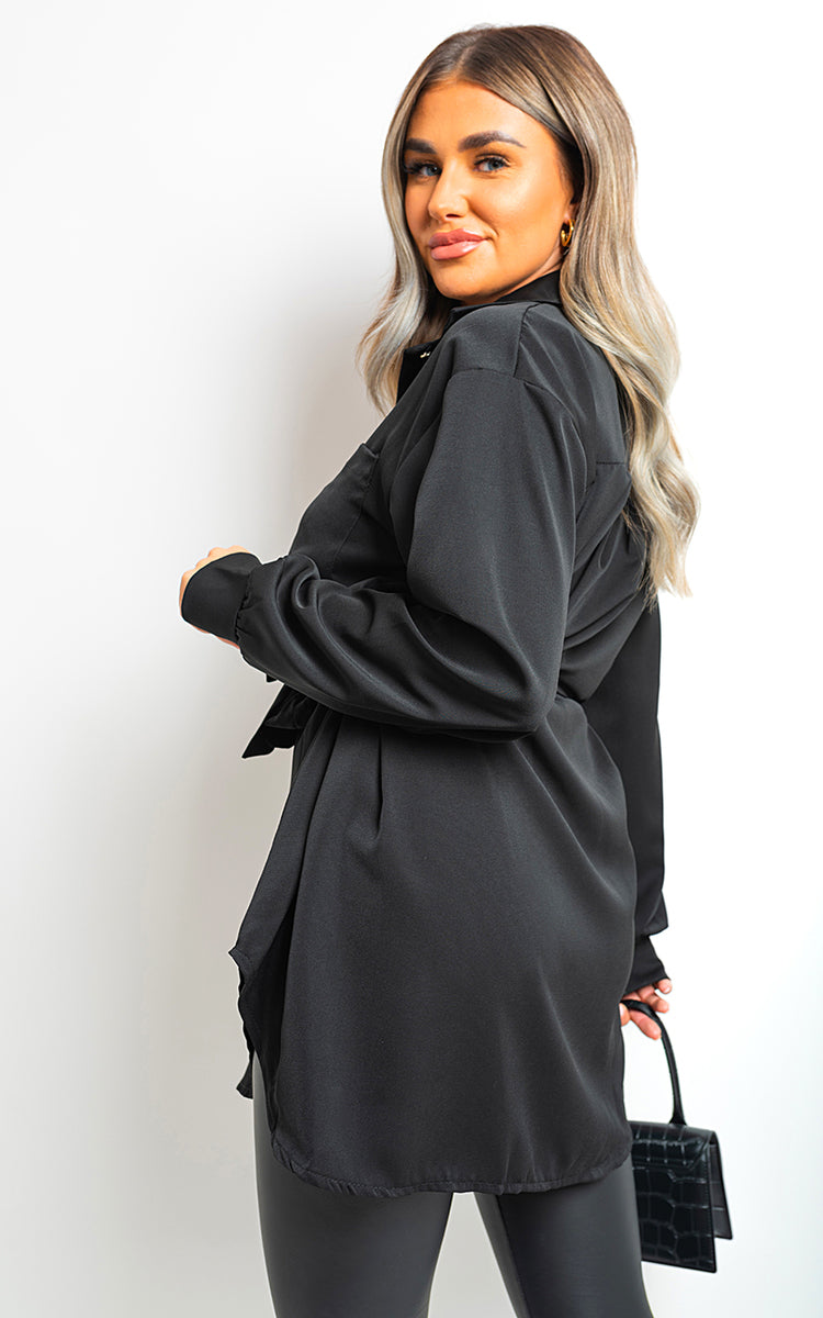 AVA Oversized Button Front Belted Top