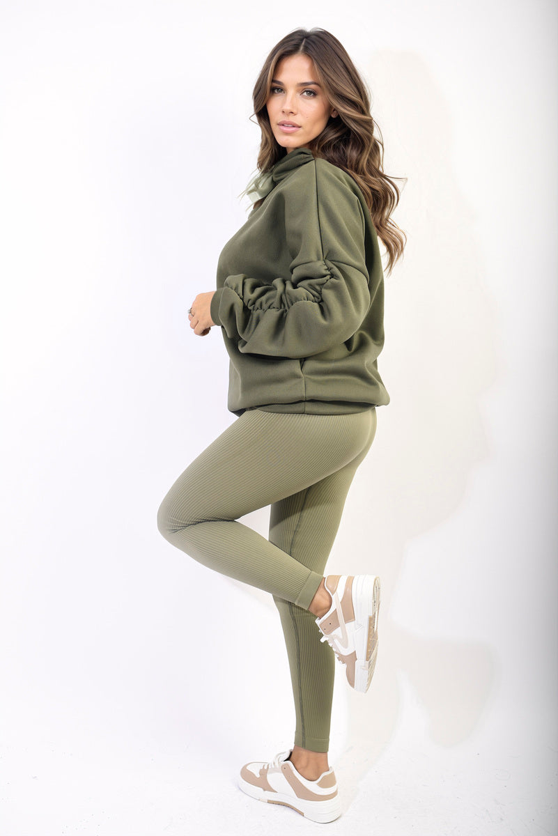 CLARISSA Oversized Ruched Sleeves Knitted Hoodie With Ribbon Detail