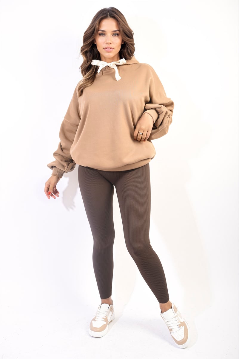 CLARISSA Oversized Ruched Sleeves Knitted Hoodie With Ribbon Detail