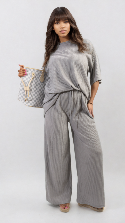 DANIELA Ribbed Oversized Top and Drawstring Wide Leg Trouser Co-ord Set