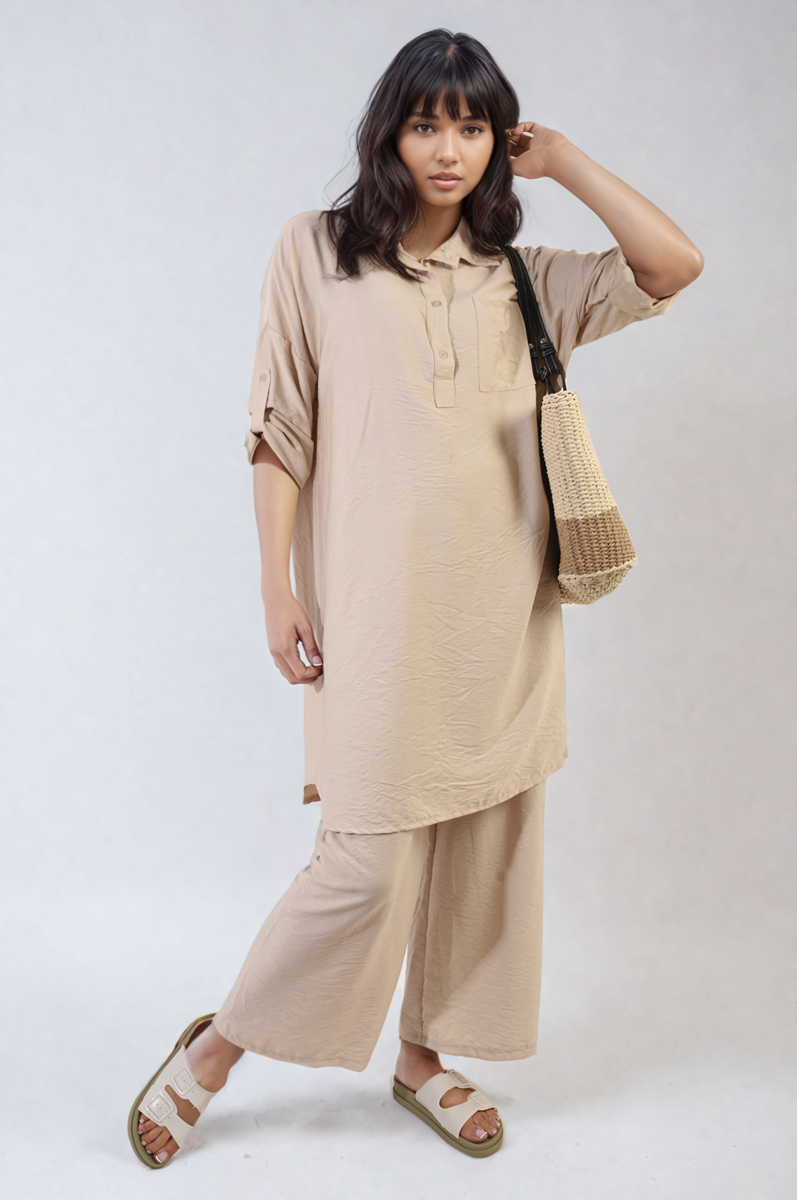 Oversized Button Front Shirt & Wide Leg Pants Co-ord Set