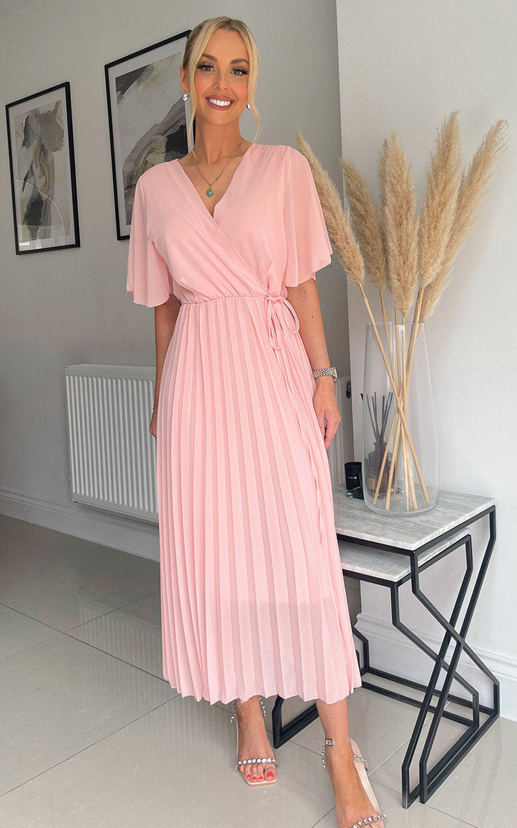 RACHEL Pleated Wrap Front  Maxi Dress