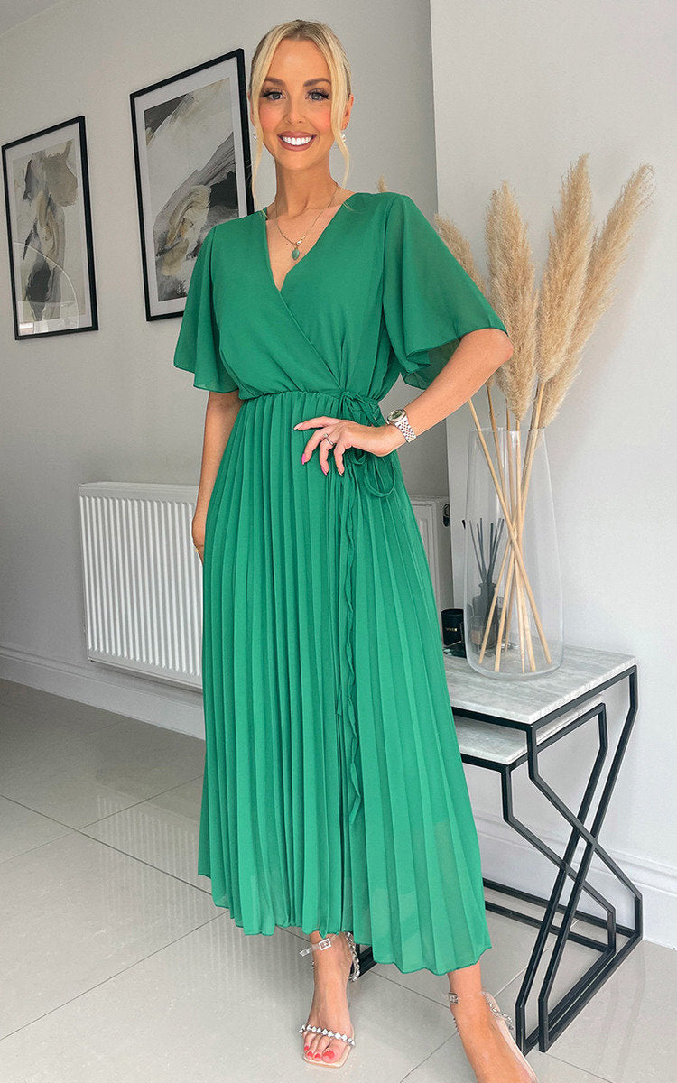 RACHEL Pleated Wrap Front  Maxi Dress