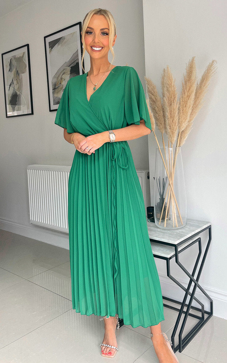 RACHEL Pleated Wrap Front  Maxi Dress