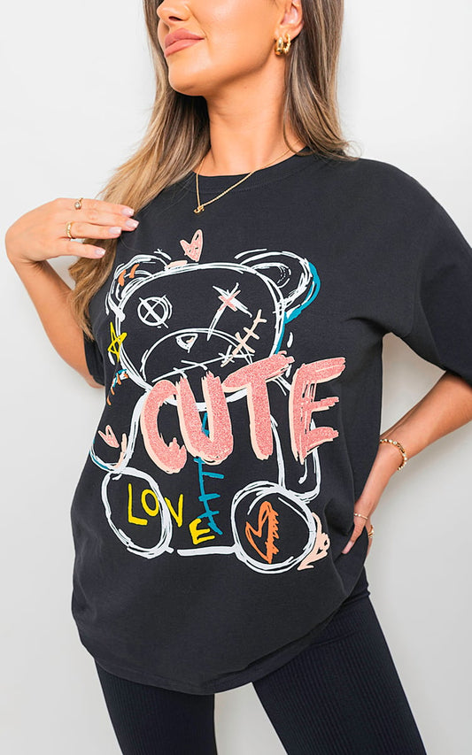 ELSIE Cute Teddy Graphic Glitter Detail T-shirt