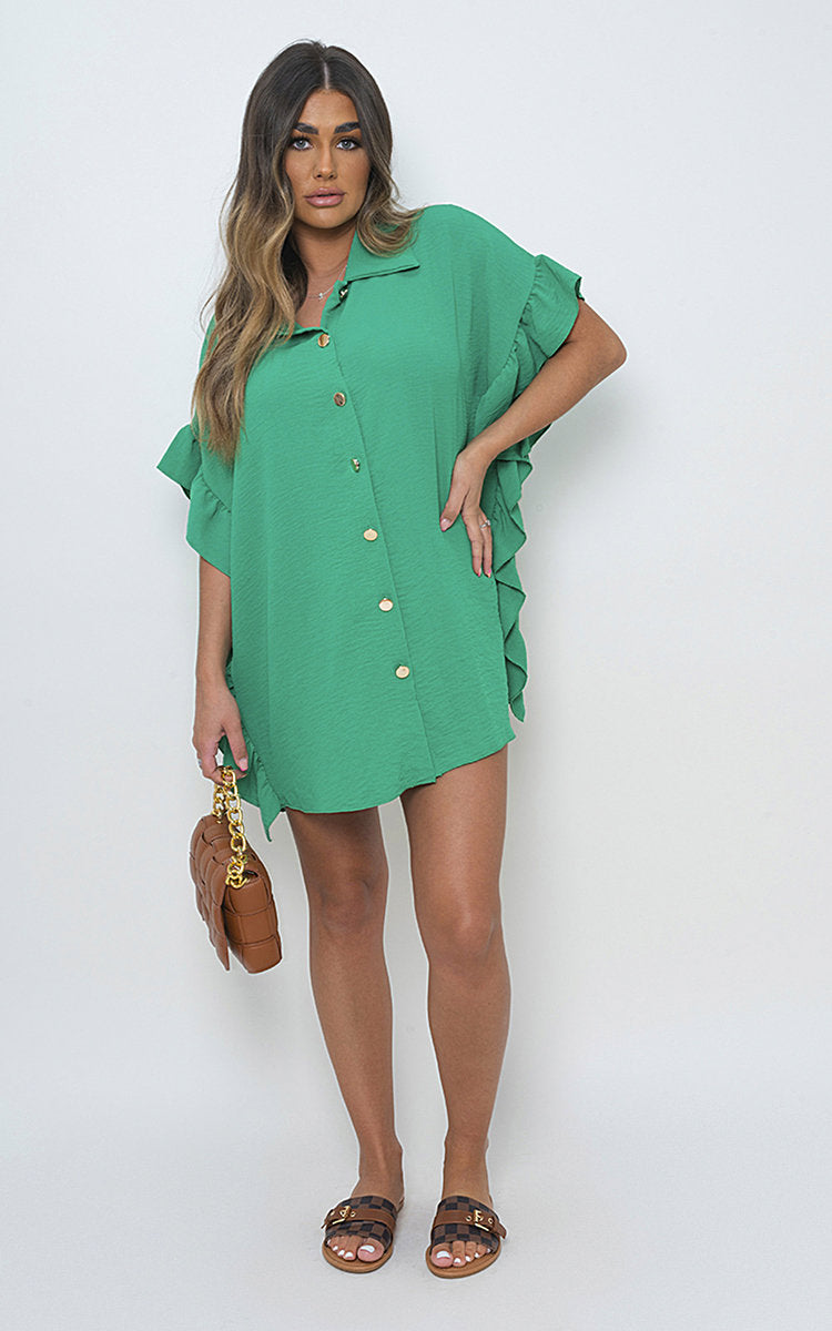 ELYSIA Button Down Ruffle Sleeve Shirt Dress