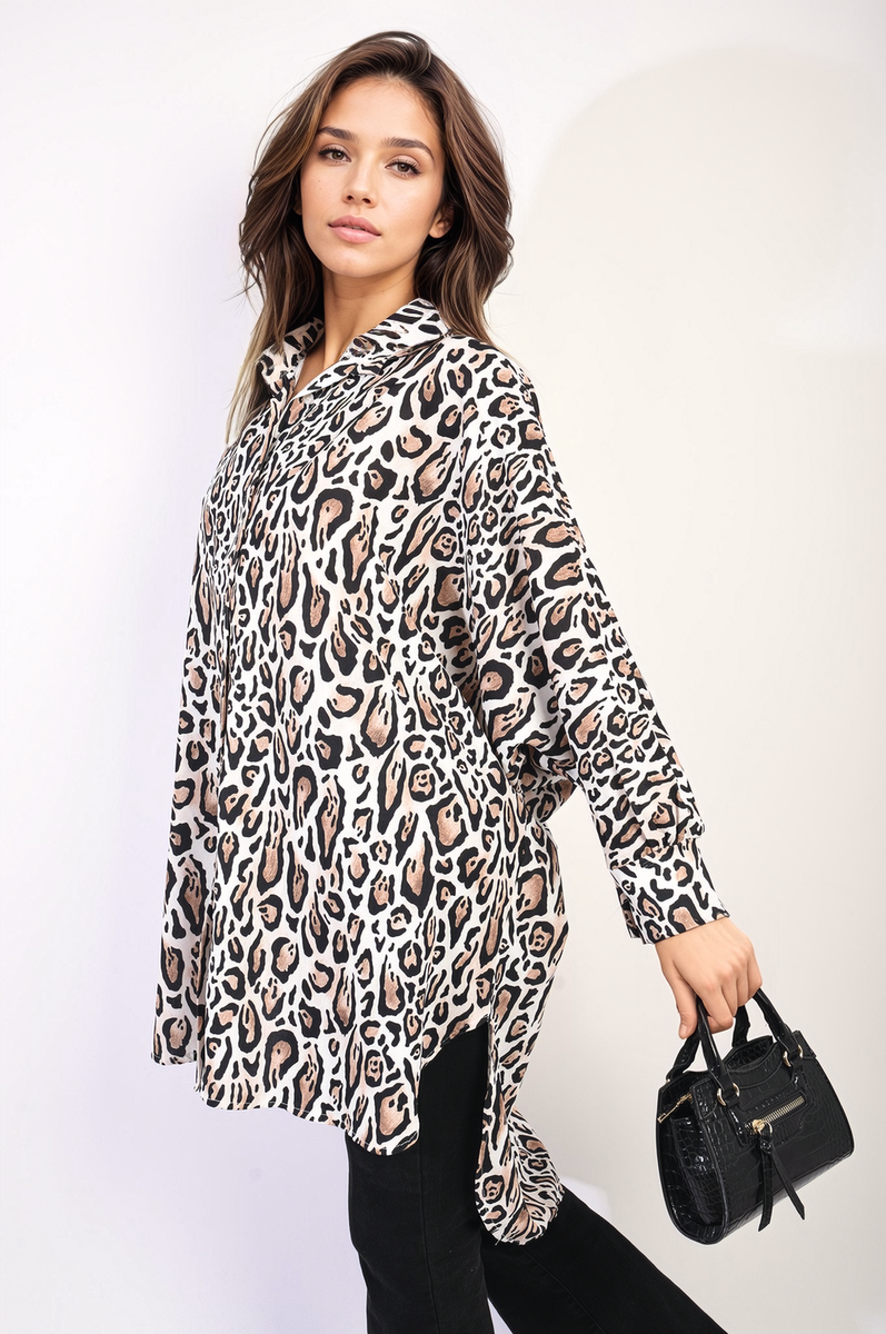 EMELIA Oversized Long Sleeve Leopard Print Shirt Dress