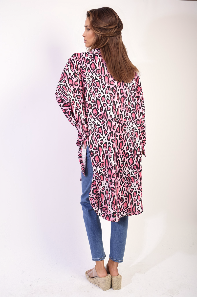 EMELIA Oversized Long Sleeve Leopard Print Shirt Dress