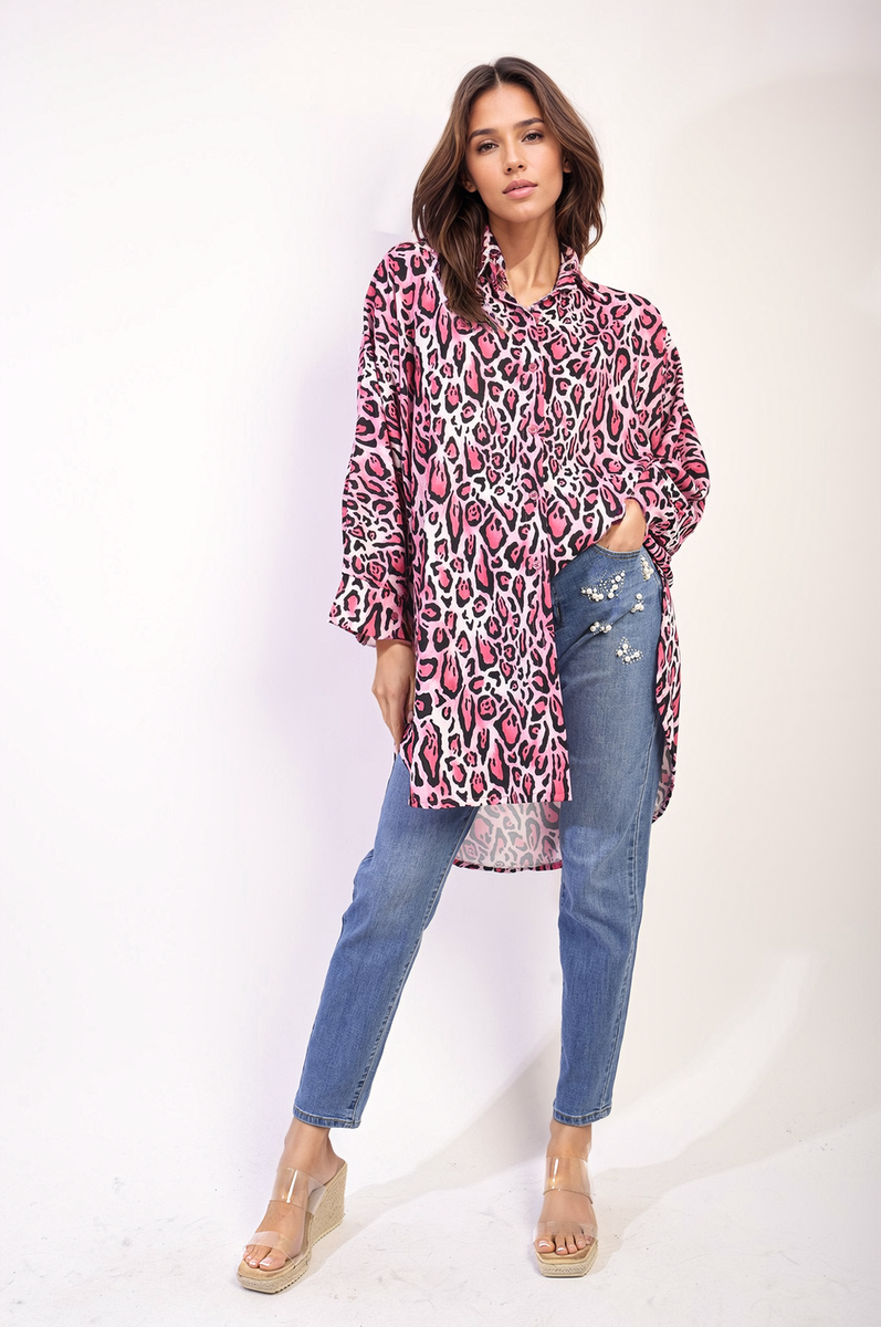 EMELIA Oversized Long Sleeve Leopard Print Shirt Dress