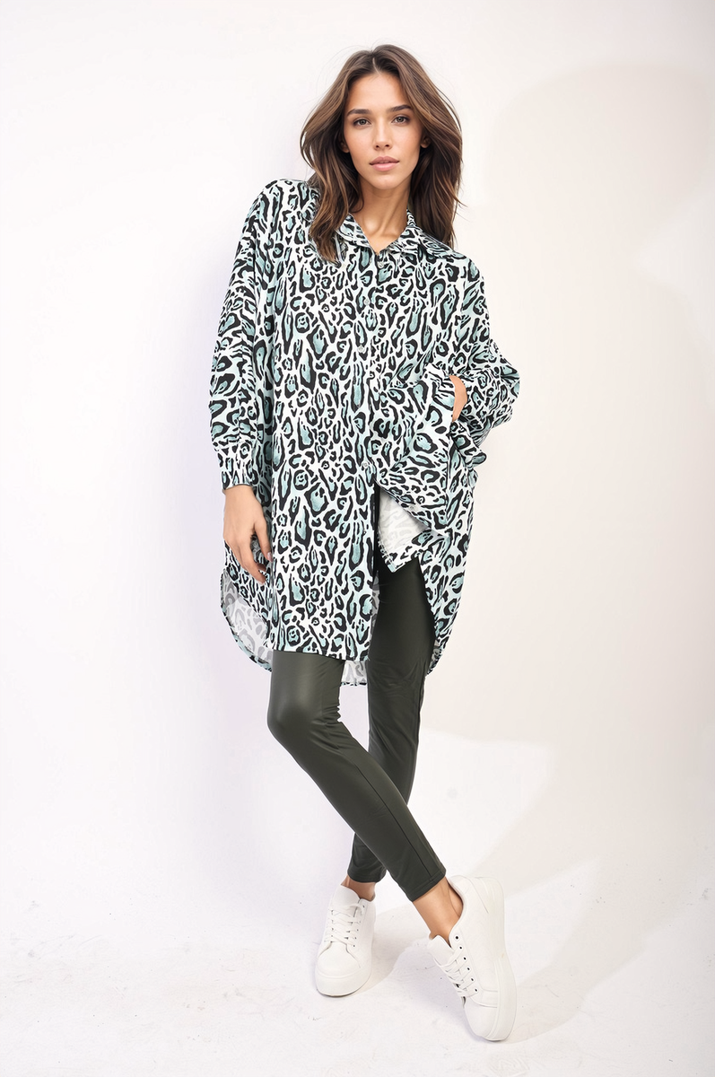 EMELIA Oversized Long Sleeve Leopard Print Shirt Dress