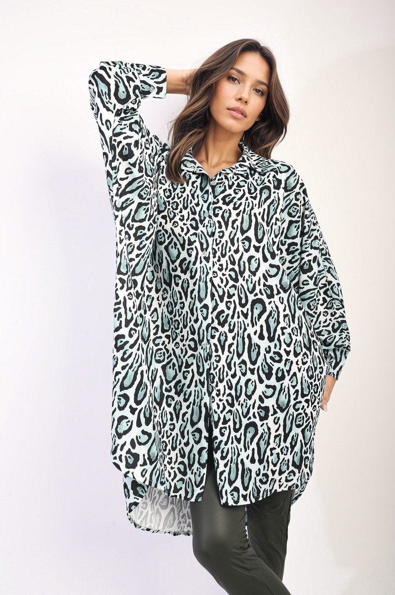 EMELIA Oversized Long Sleeve Leopard Print Shirt Dress