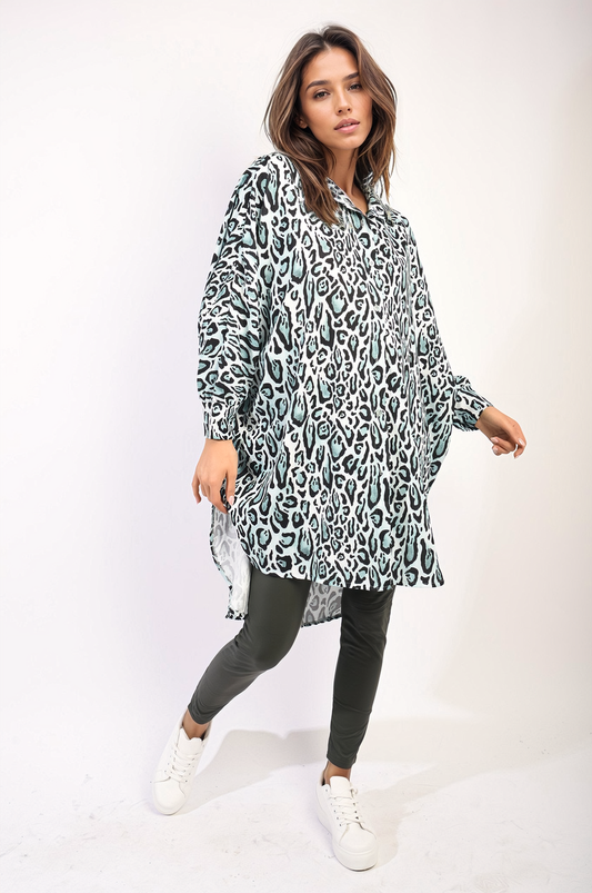 EMELIA Oversized Long Sleeve Leopard Print Shirt Dress