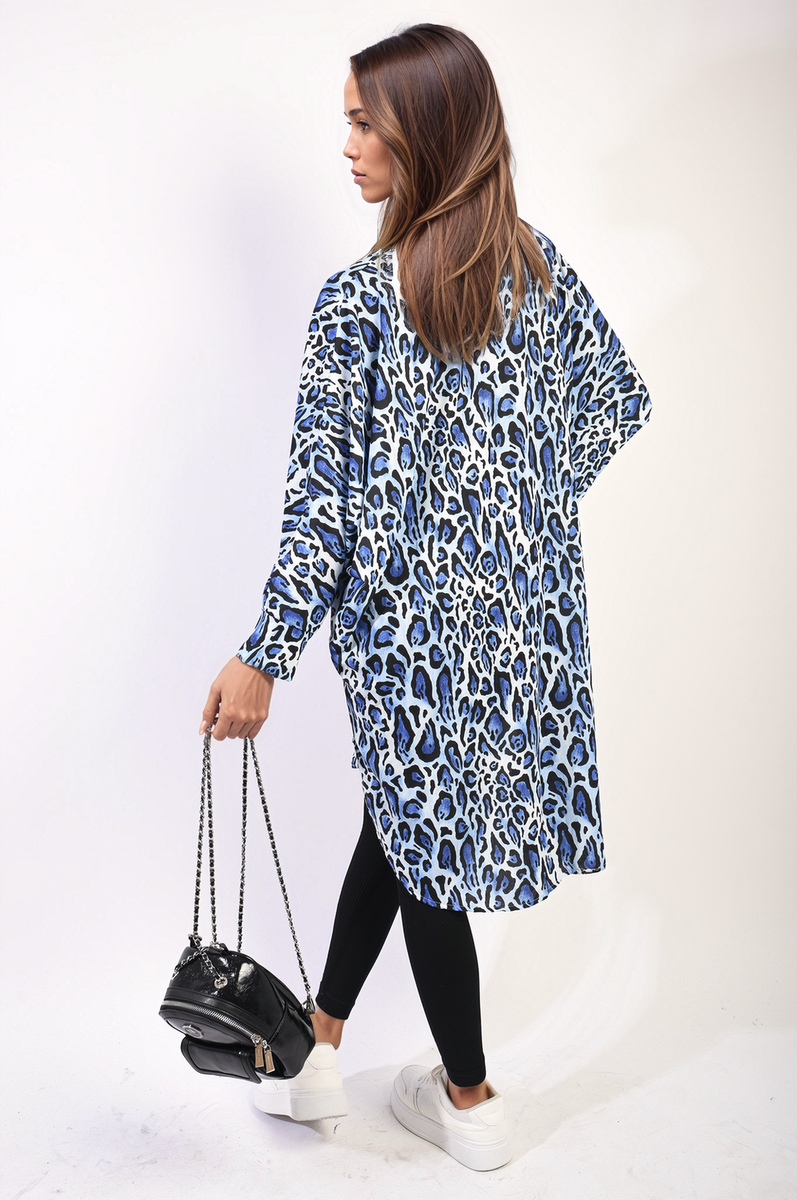 EMELIA Oversized Long Sleeve Leopard Print Shirt Dress