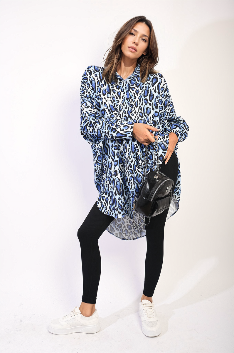 EMELIA Oversized Long Sleeve Leopard Print Shirt Dress