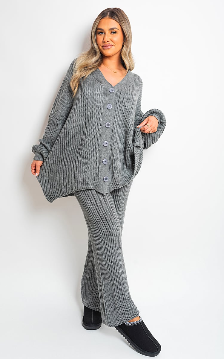 EMMA Chunky Knitted Button Up Cardigan Wide Leg Trousers Co-ord Set