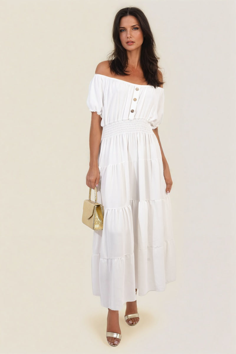 EMMY Smocked Waist Tiered Midi Dress