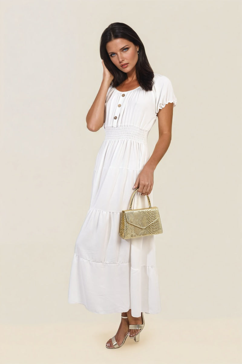 EMMY Smocked Waist Tiered Midi Dress