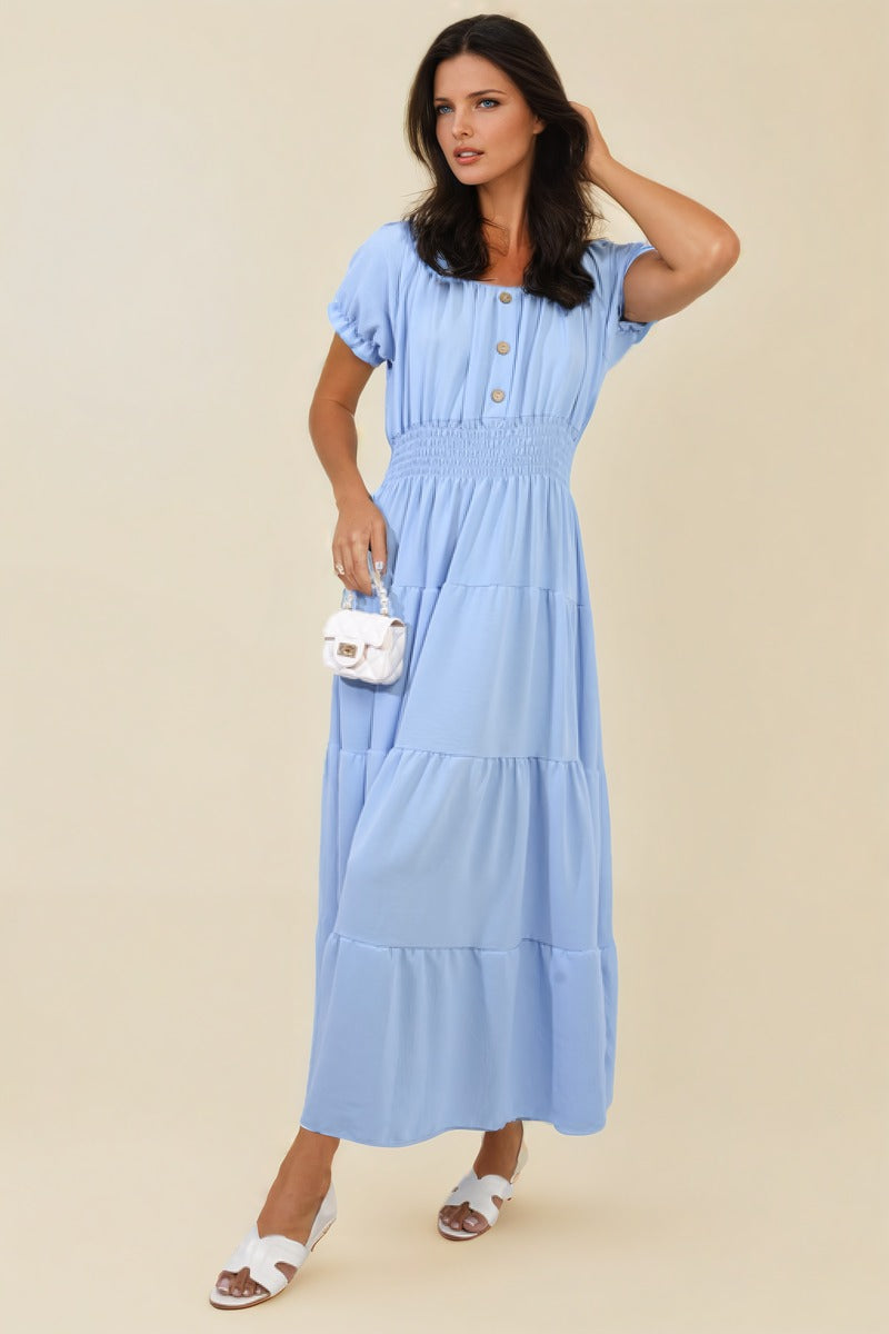 EMMY Smocked Waist Tiered Midi Dress