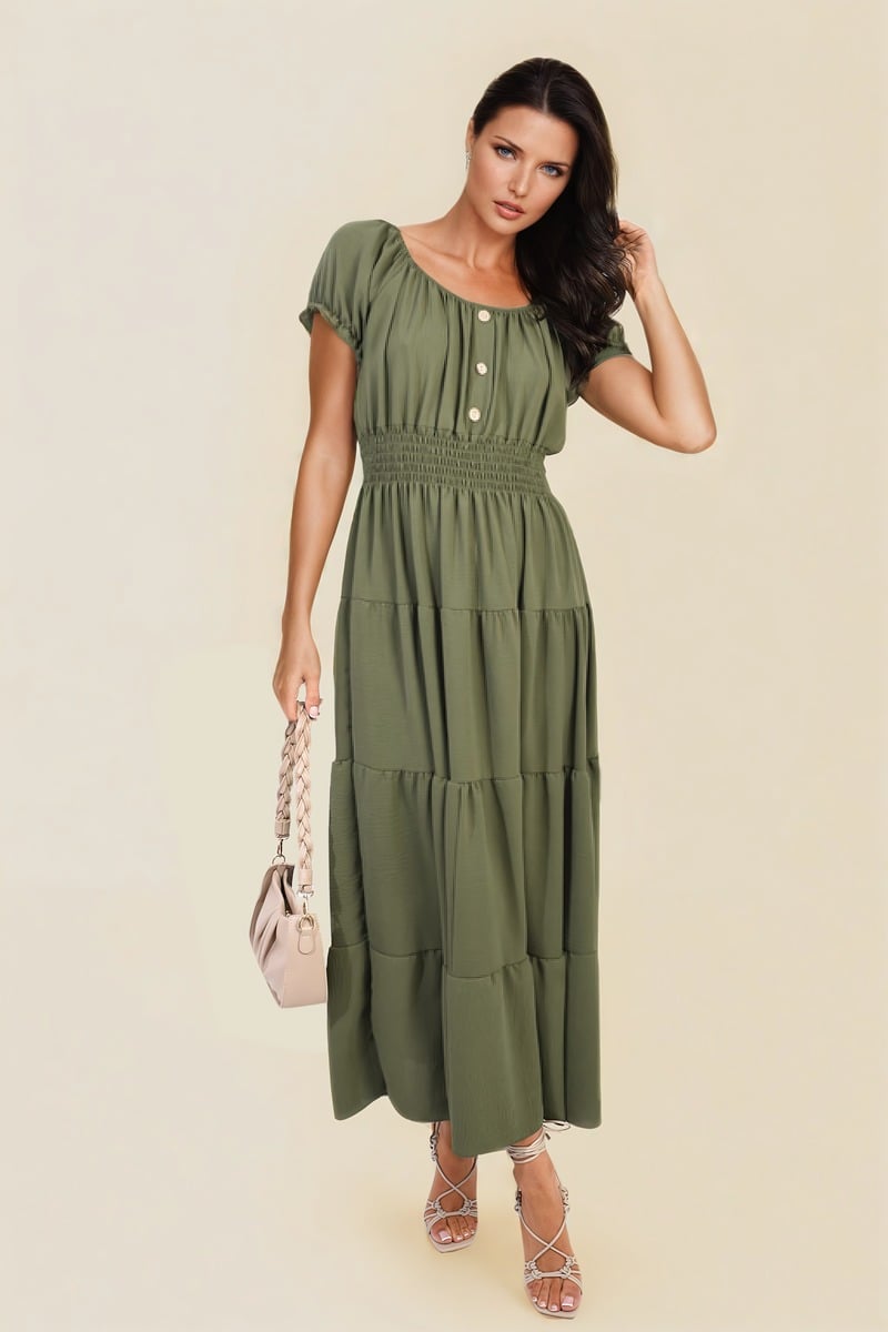 EMMY Smocked Waist Tiered Midi Dress