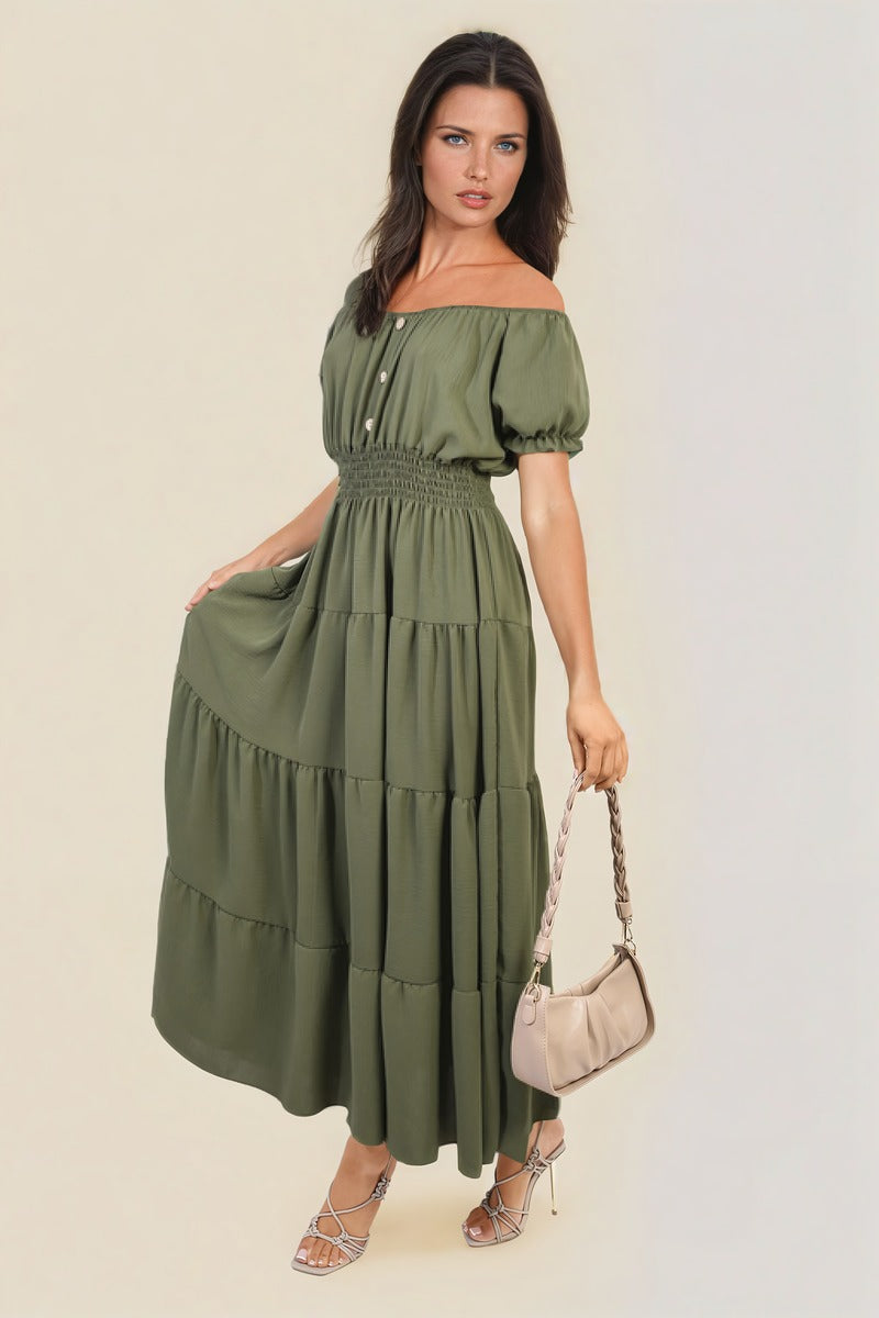 EMMY Smocked Waist Tiered Midi Dress