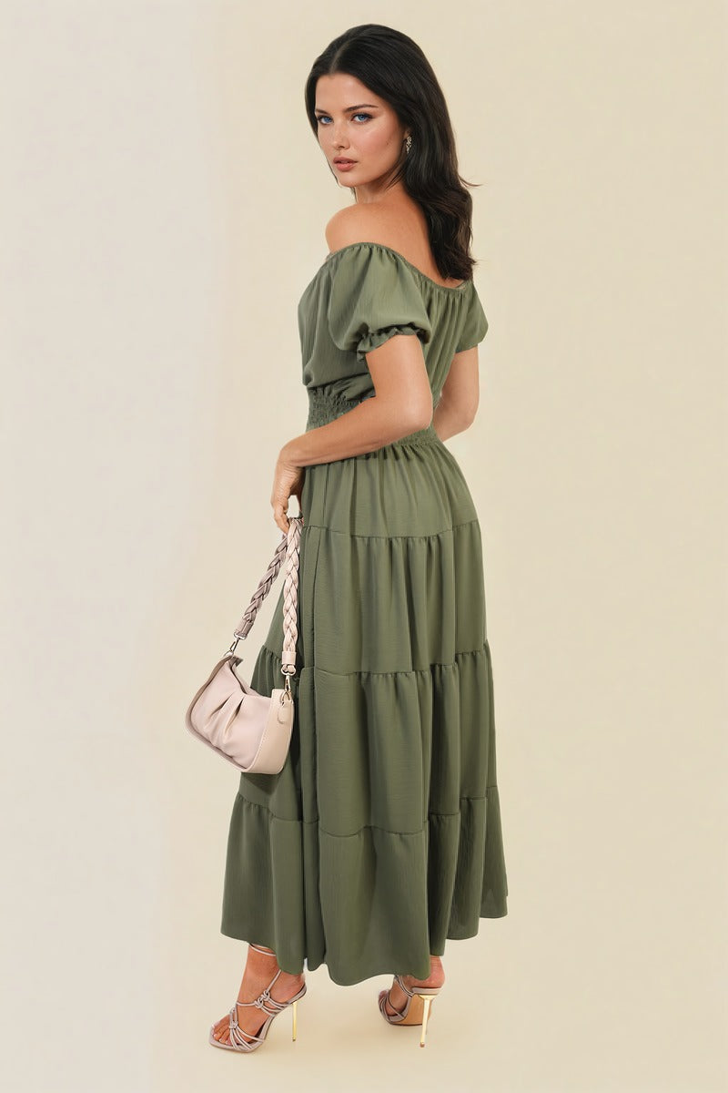 EMMY Smocked Waist Tiered Midi Dress