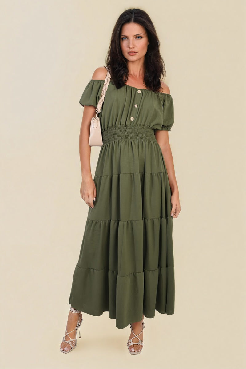 EMMY Smocked Waist Tiered Midi Dress