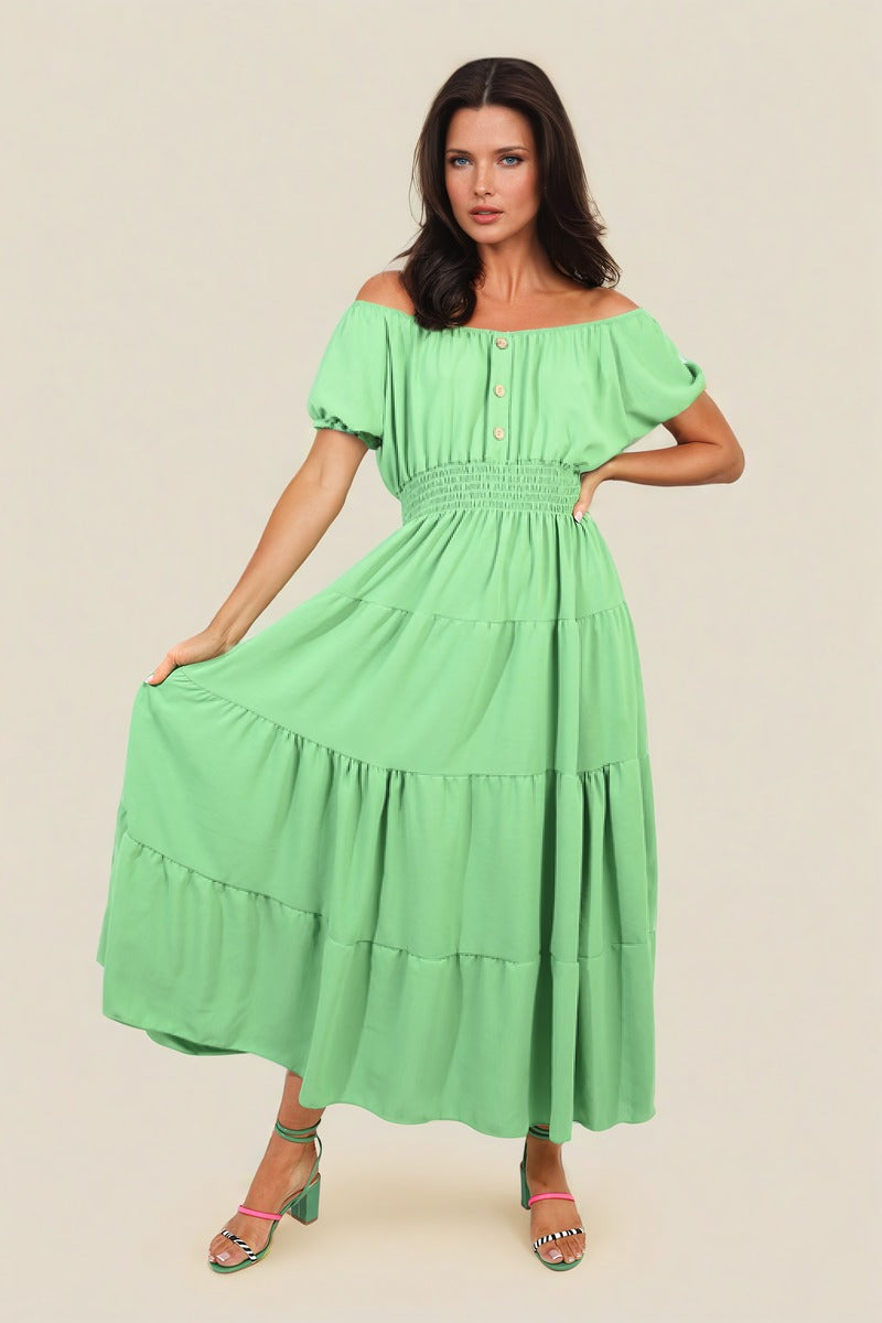 EMMY Smocked Waist Tiered Midi Dress