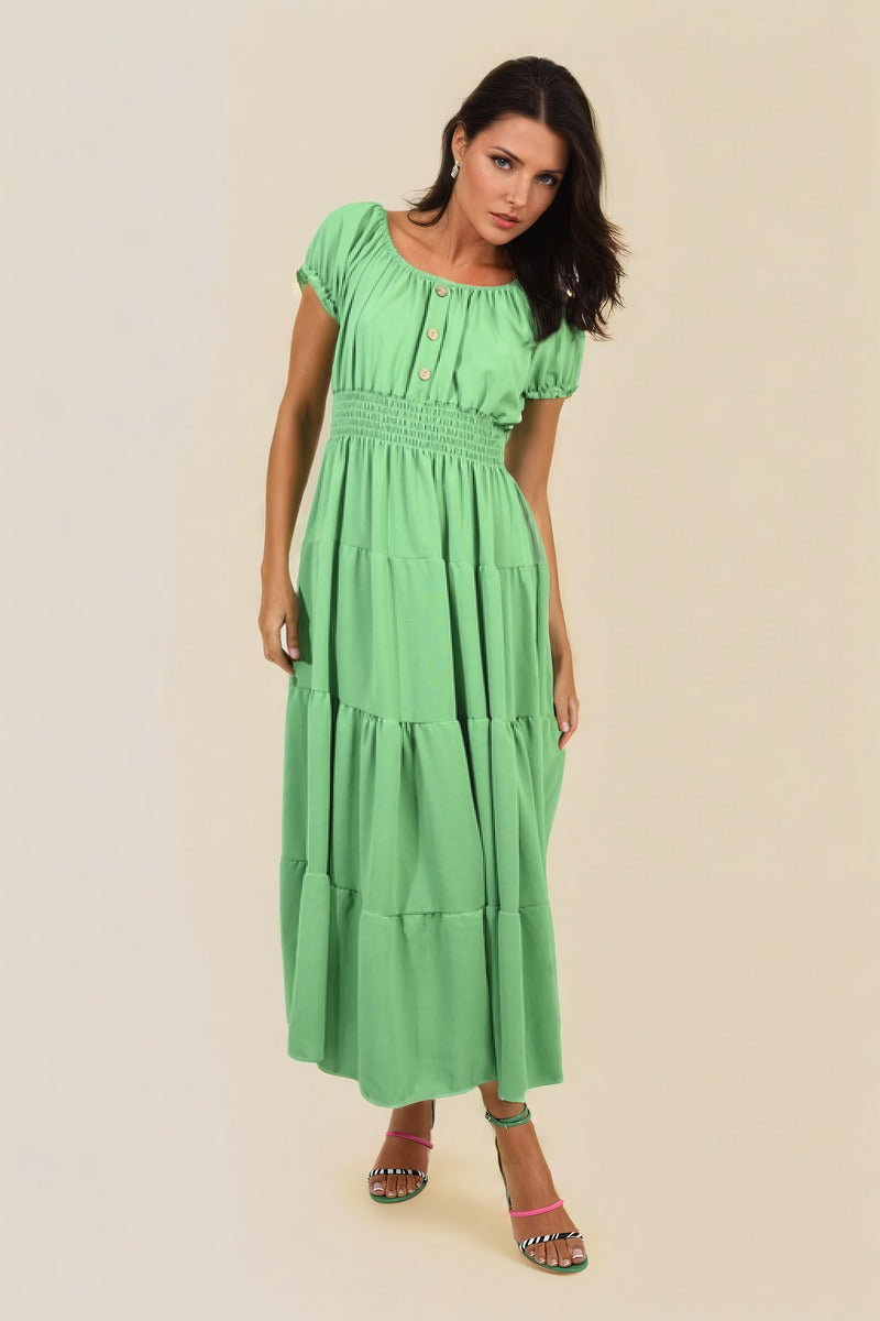 EMMY Smocked Waist Tiered Midi Dress