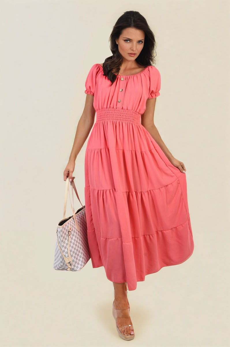 EMMY Smocked Waist Tiered Midi Dress