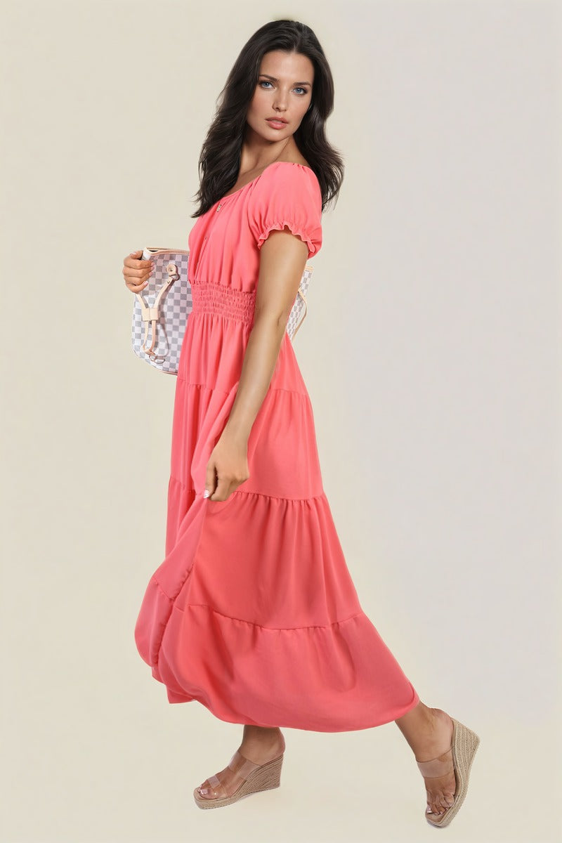 EMMY Smocked Waist Tiered Midi Dress