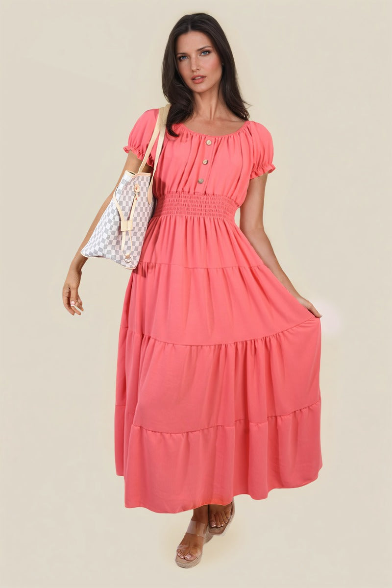 EMMY Smocked Waist Tiered Midi Dress