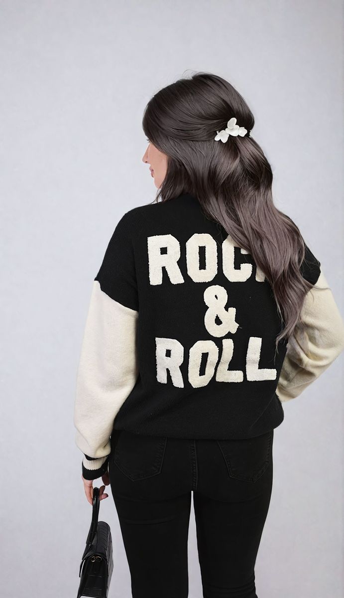 ERICA Round Neck Rock & Roll Print Knitted Jumper