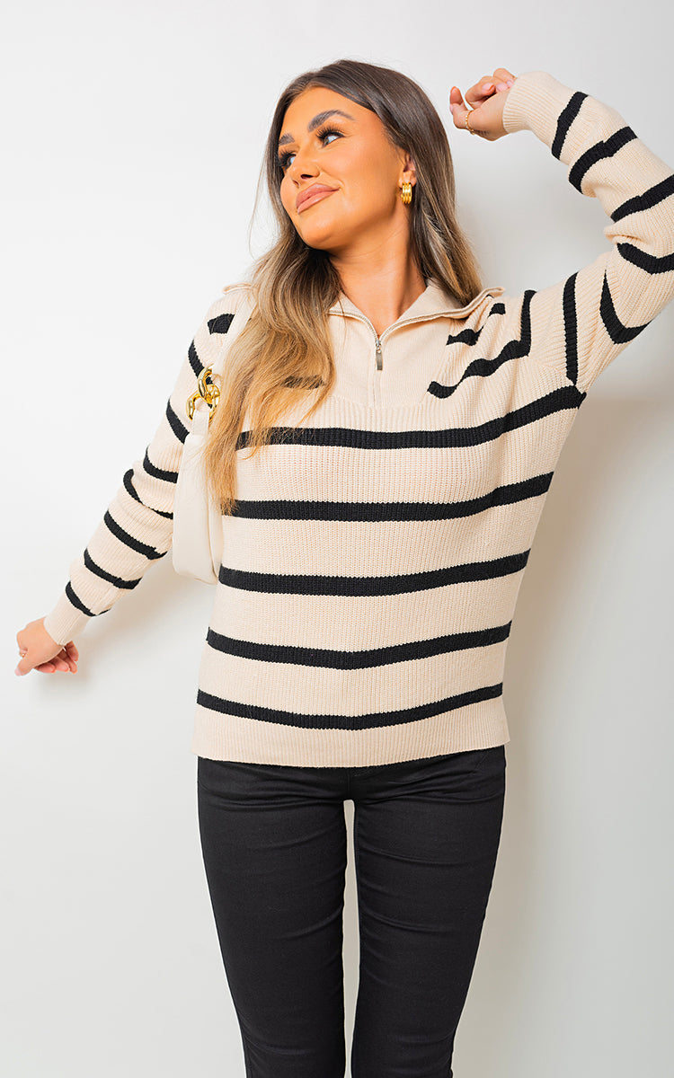 EVE Knitted Long Sleeves Collar Striped Half-zip Top