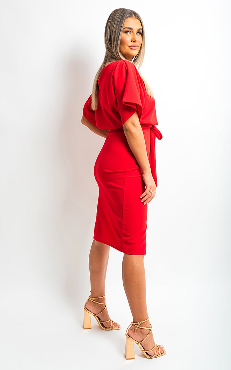 EZRA Belted Wrap Front Kimono Sleeve Midi Dress