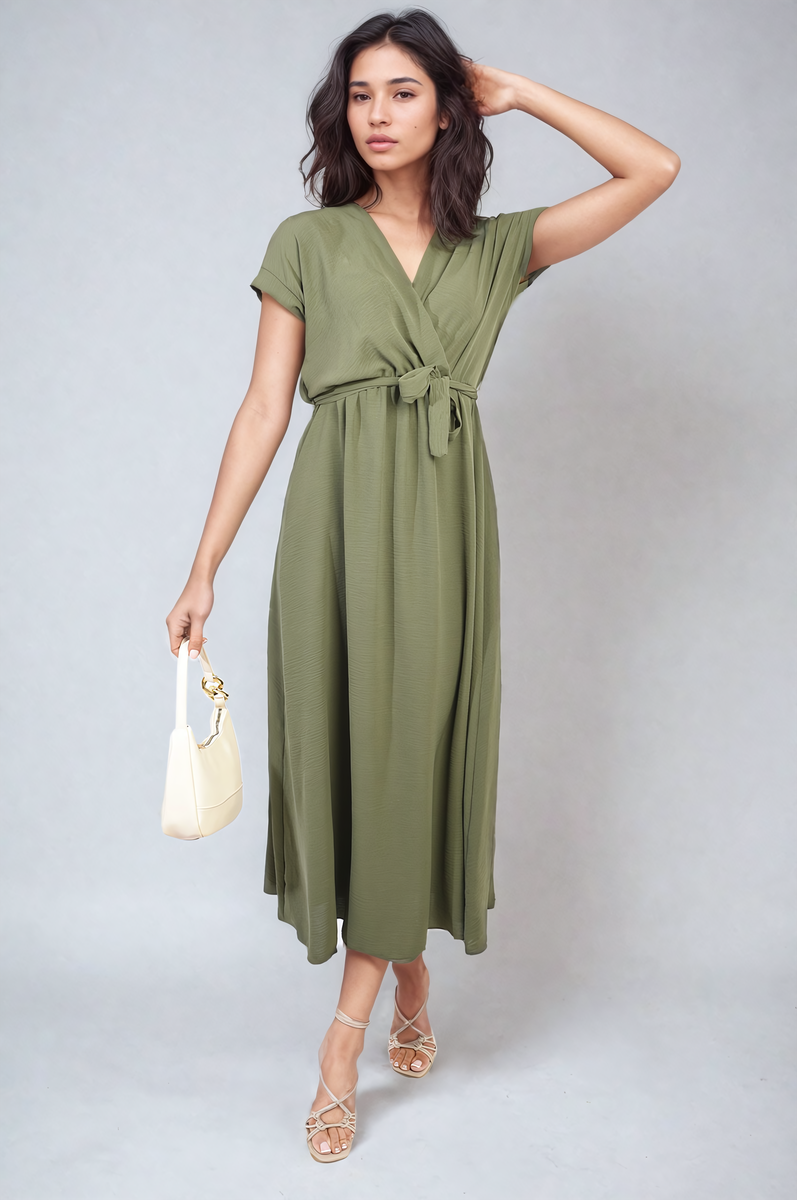 FRANCESCA Wrap Tie Waist Short Sleeve Midi Dress