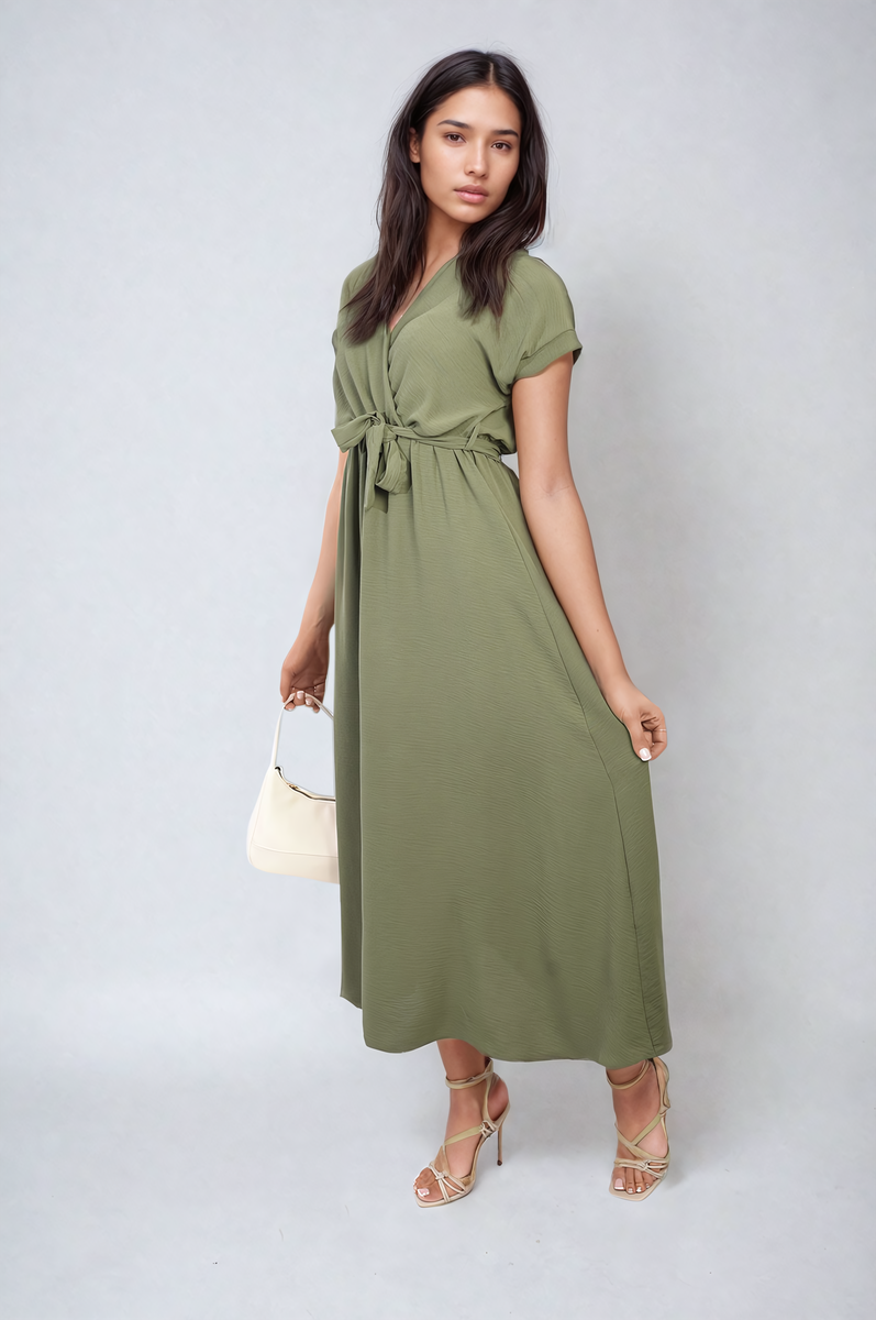 FRANCESCA Wrap Tie Waist Short Sleeve Midi Dress