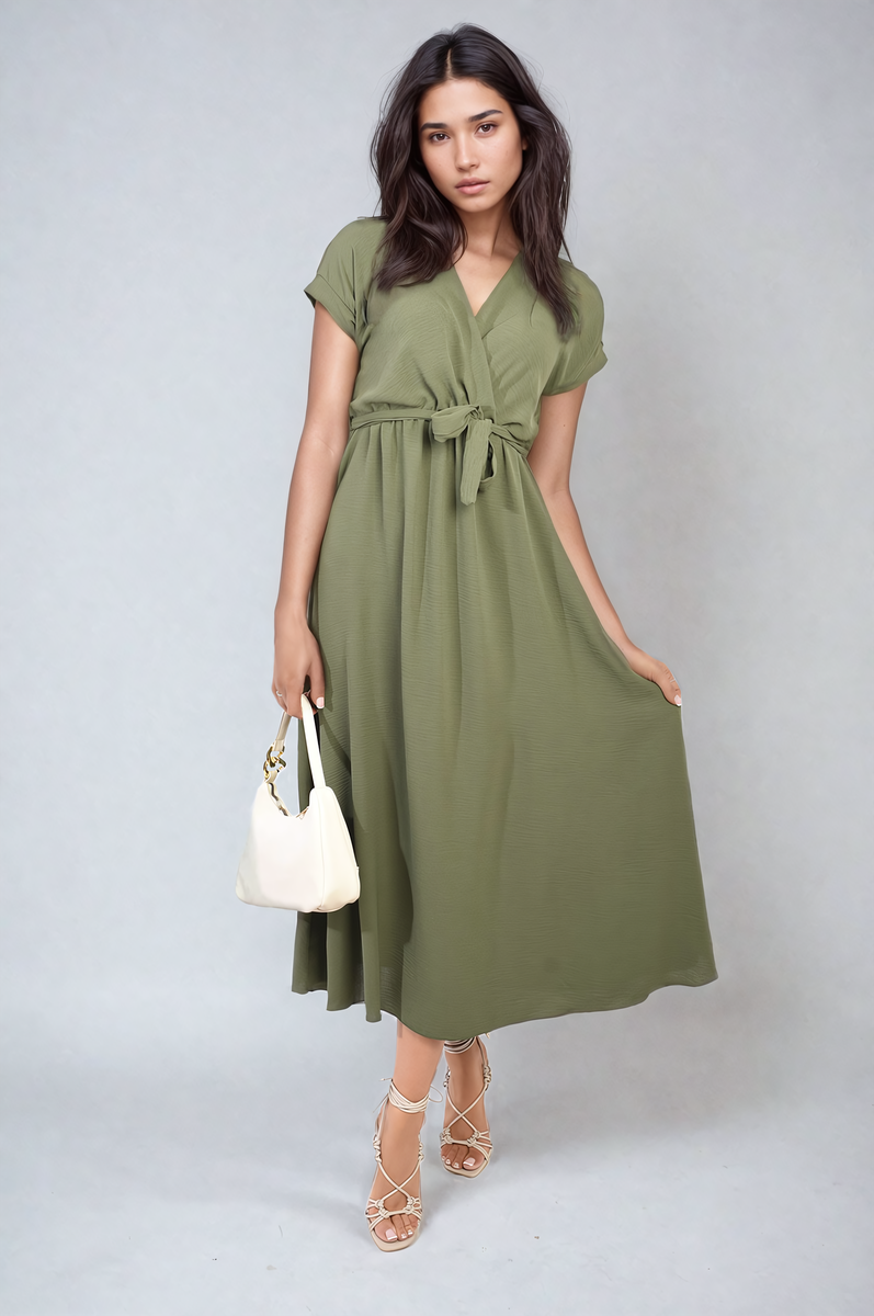 FRANCESCA Wrap Tie Waist Short Sleeve Midi Dress