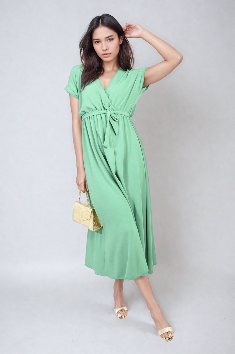 FRANCESCA Wrap Tie Waist Short Sleeve Midi Dress