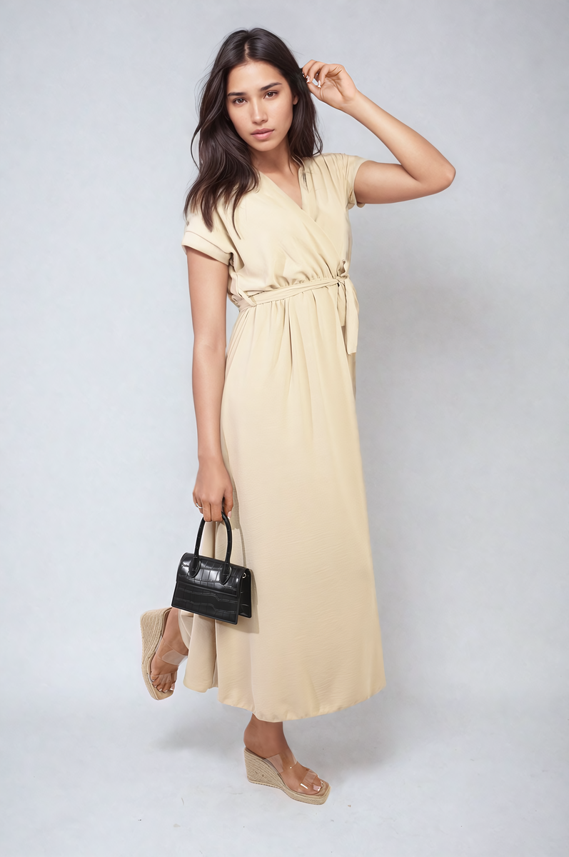 FRANCESCA Wrap Tie Waist Short Sleeve Midi Dress