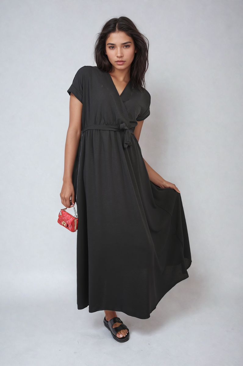 FRANCESCA Wrap Tie Waist Short Sleeve Midi Dress