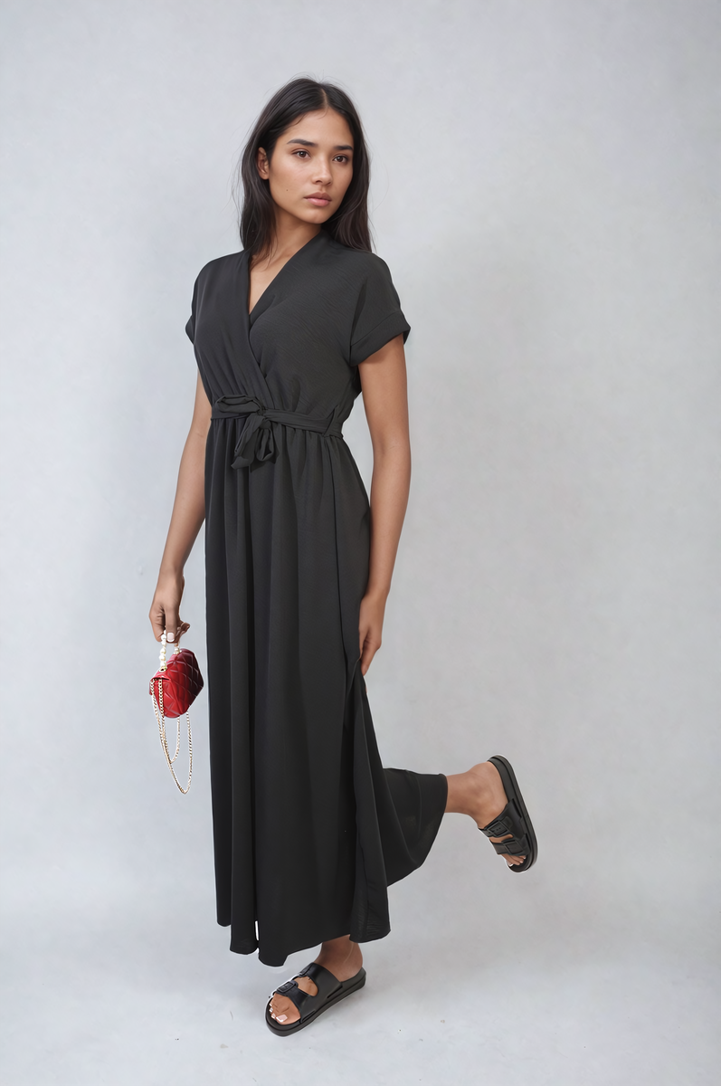 FRANCESCA Wrap Tie Waist Short Sleeve Midi Dress