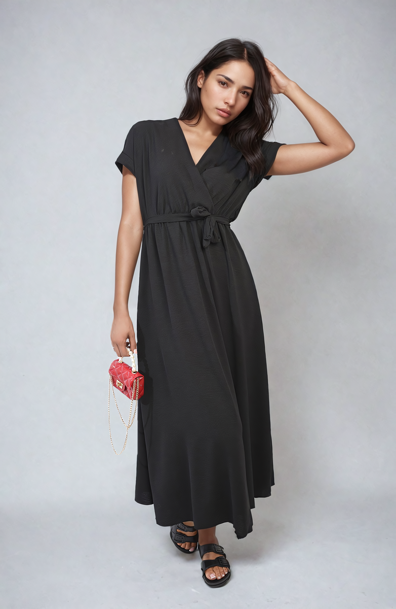 FRANCESCA Wrap Tie Waist Short Sleeve Midi Dress