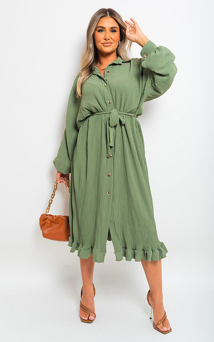 FREYA Pleated Frill Button Tie Waist Midi Dress