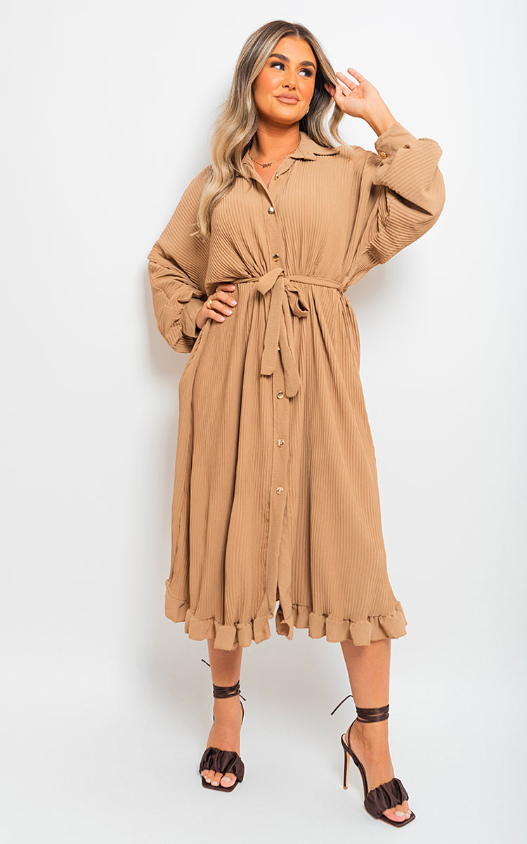 FREYA Pleated Frill Button Tie Waist Midi Dress